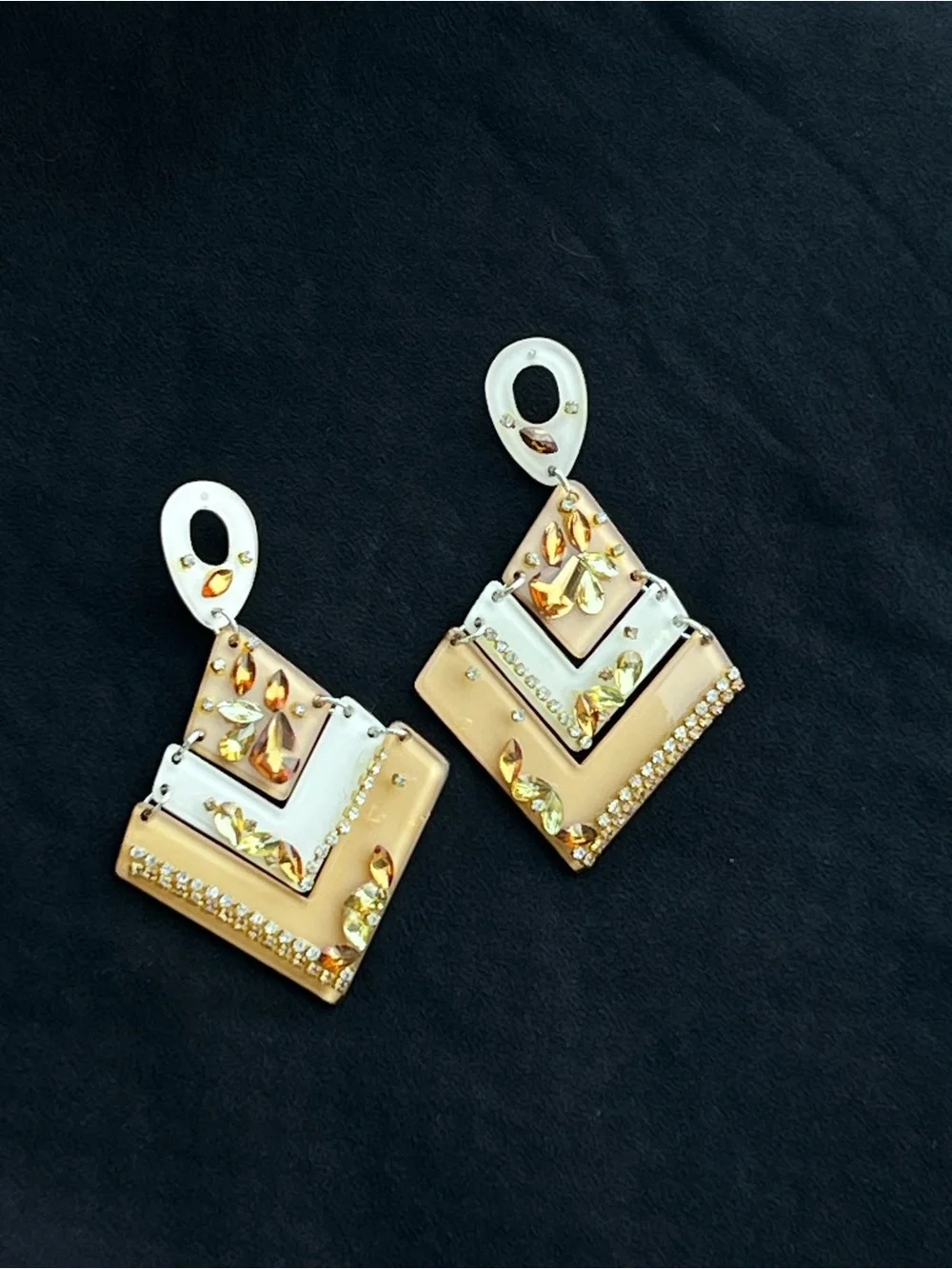 Cream and Gold Geometric Crystal Drop Earrings